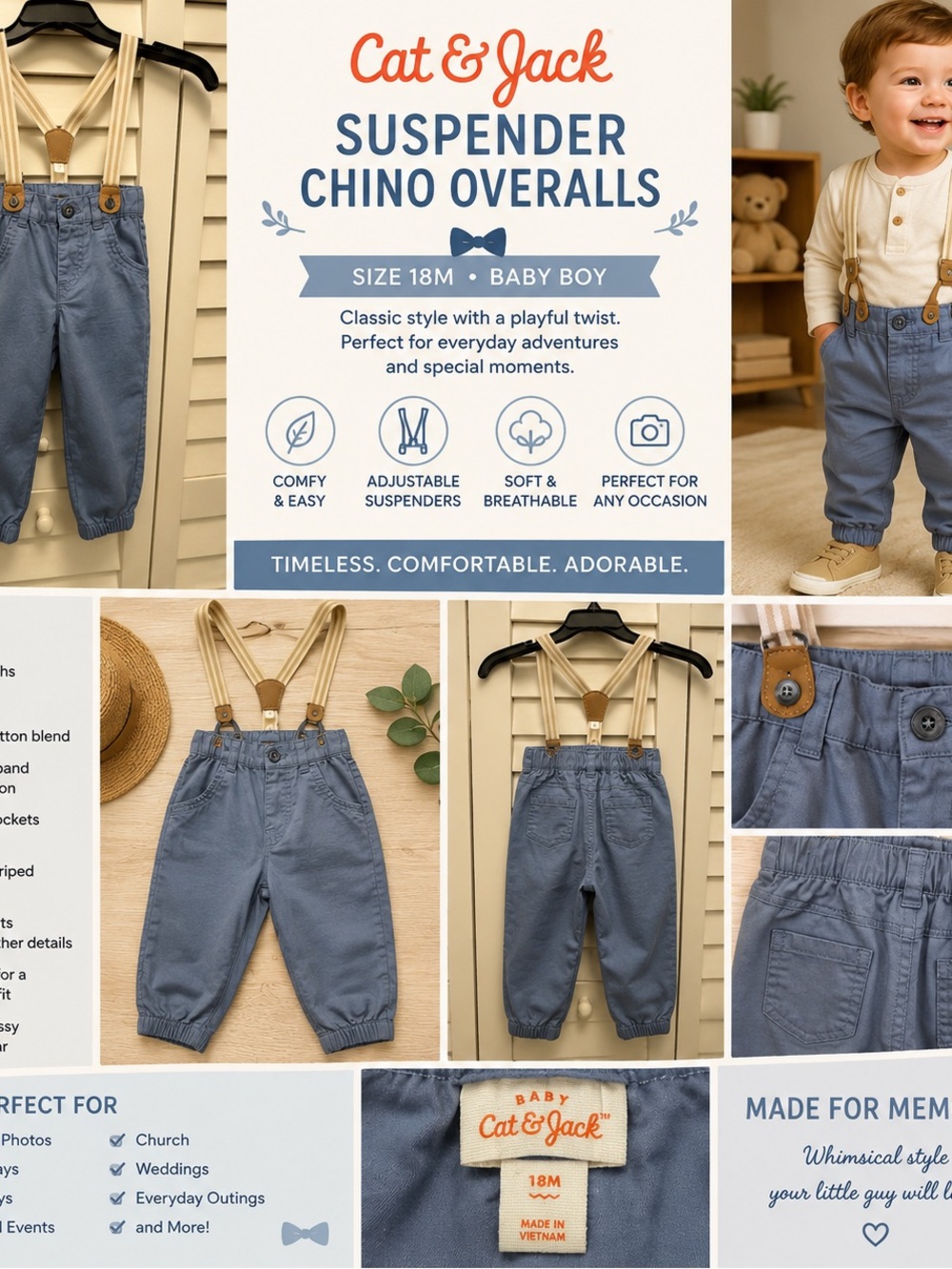 Cat & Jack Baby Boy Overalls 18M Blue Chino Pants Suspenders Elastic Cuff Casual